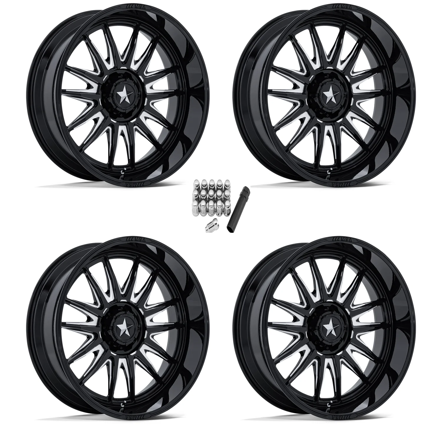 Masses マシス type5 Aluminum MSA M55 Commander Gloss Black Milled 24x10 Wheels/Rims (Full Set)